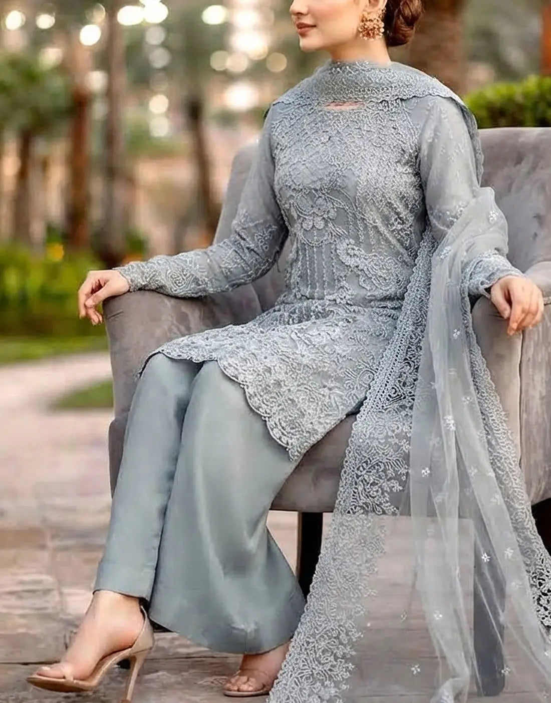 Luxury Embroidered Grey Organza Wedding Dress with Rich Embellishments for Brides & Formal Events