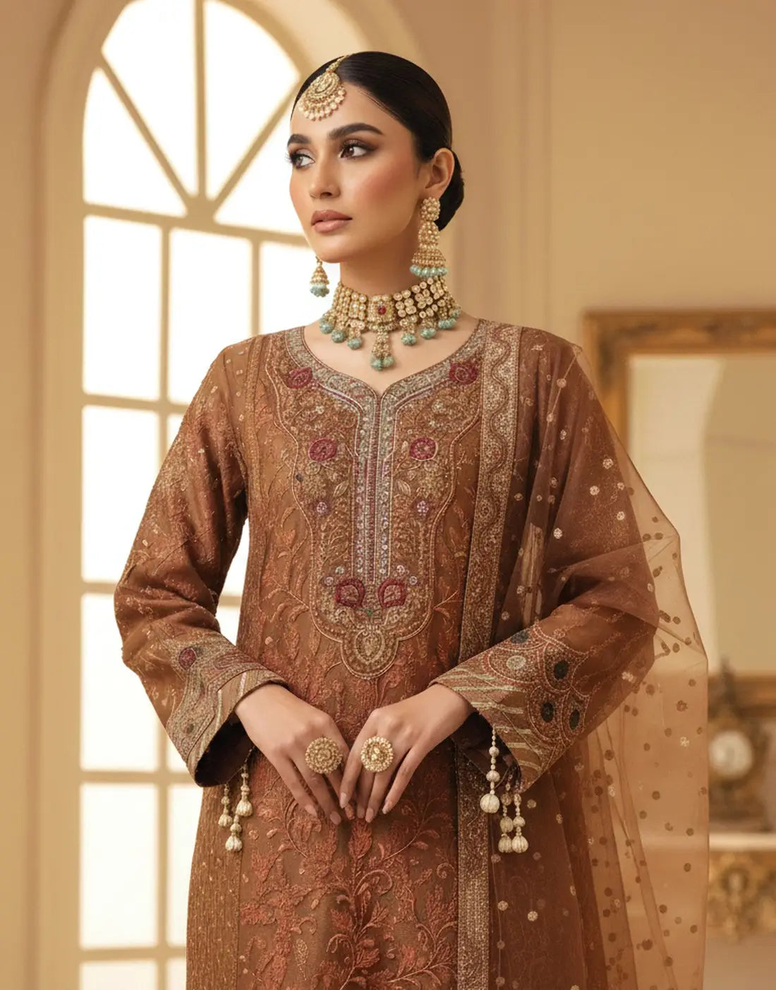 Dhanak Luxury Embroidered Brown Organza Dress with Hand Embellishments