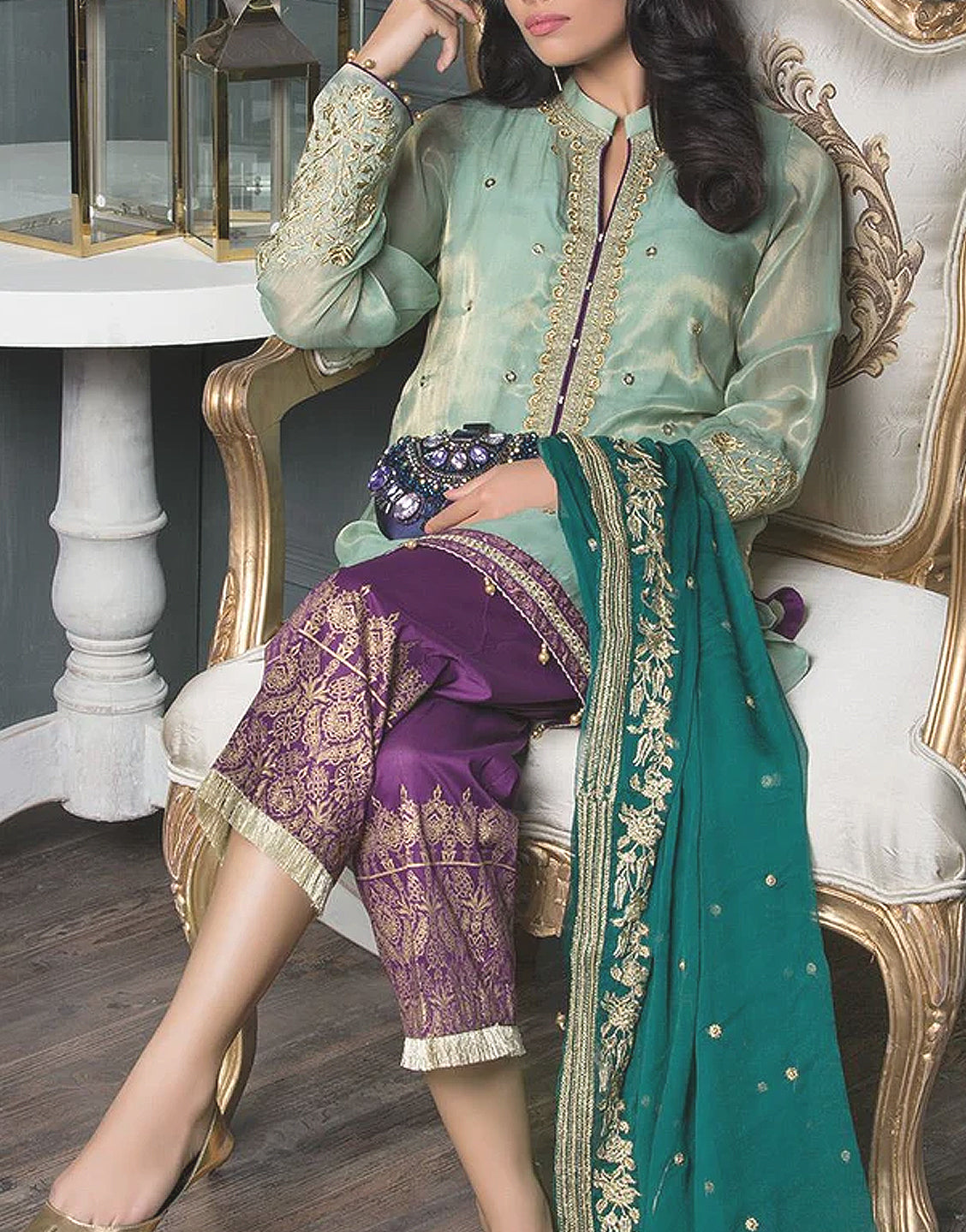 Embroidered Masoori Dress with Chiffon Dupatta