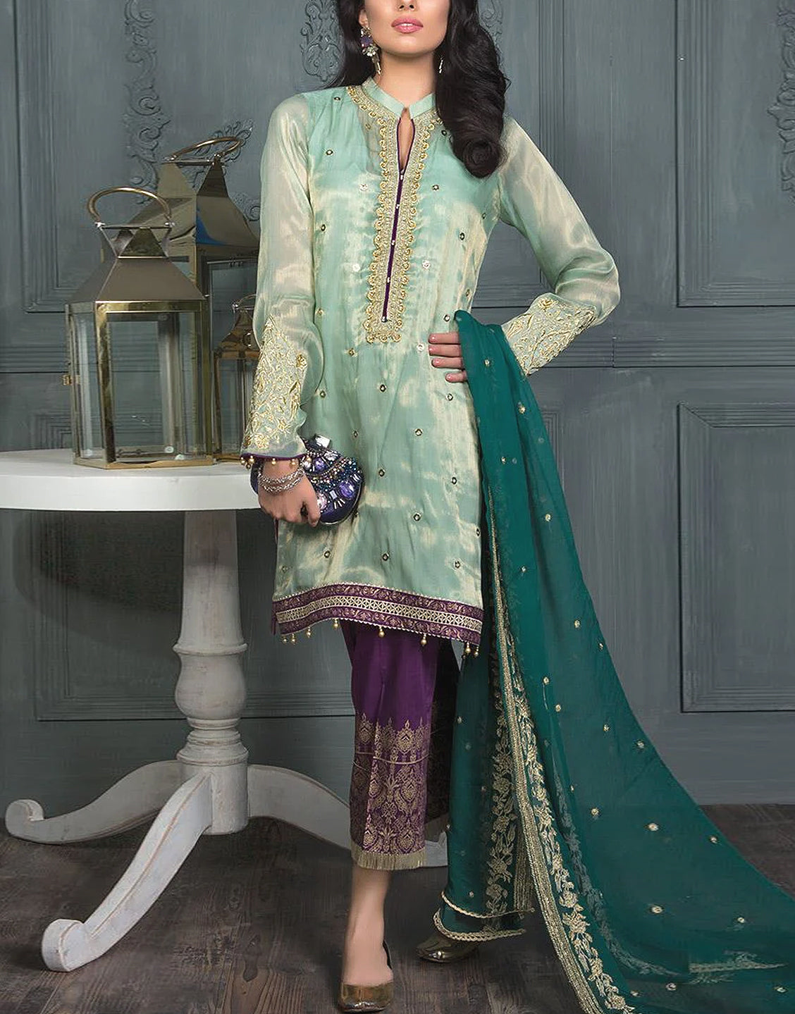 Embroidered Masoori Dress with Chiffon Dupatta