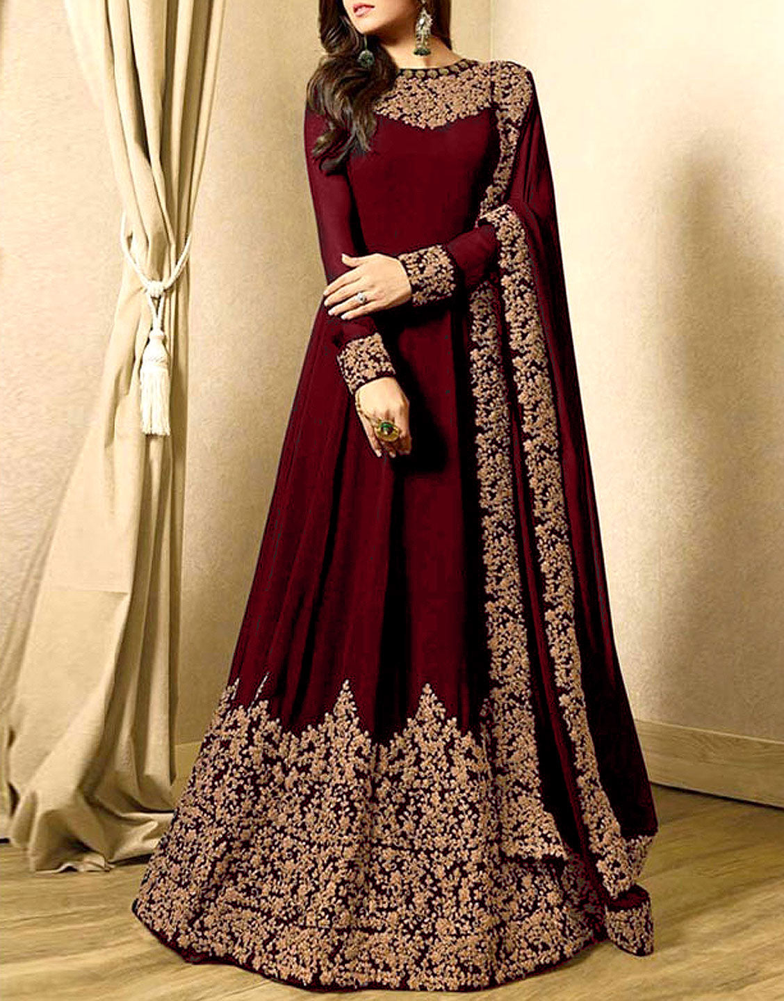 indian maxi dress for wedding Indian Embroidered Maroon Chiffon Maxi Dress – Best Price Online in Pakistan