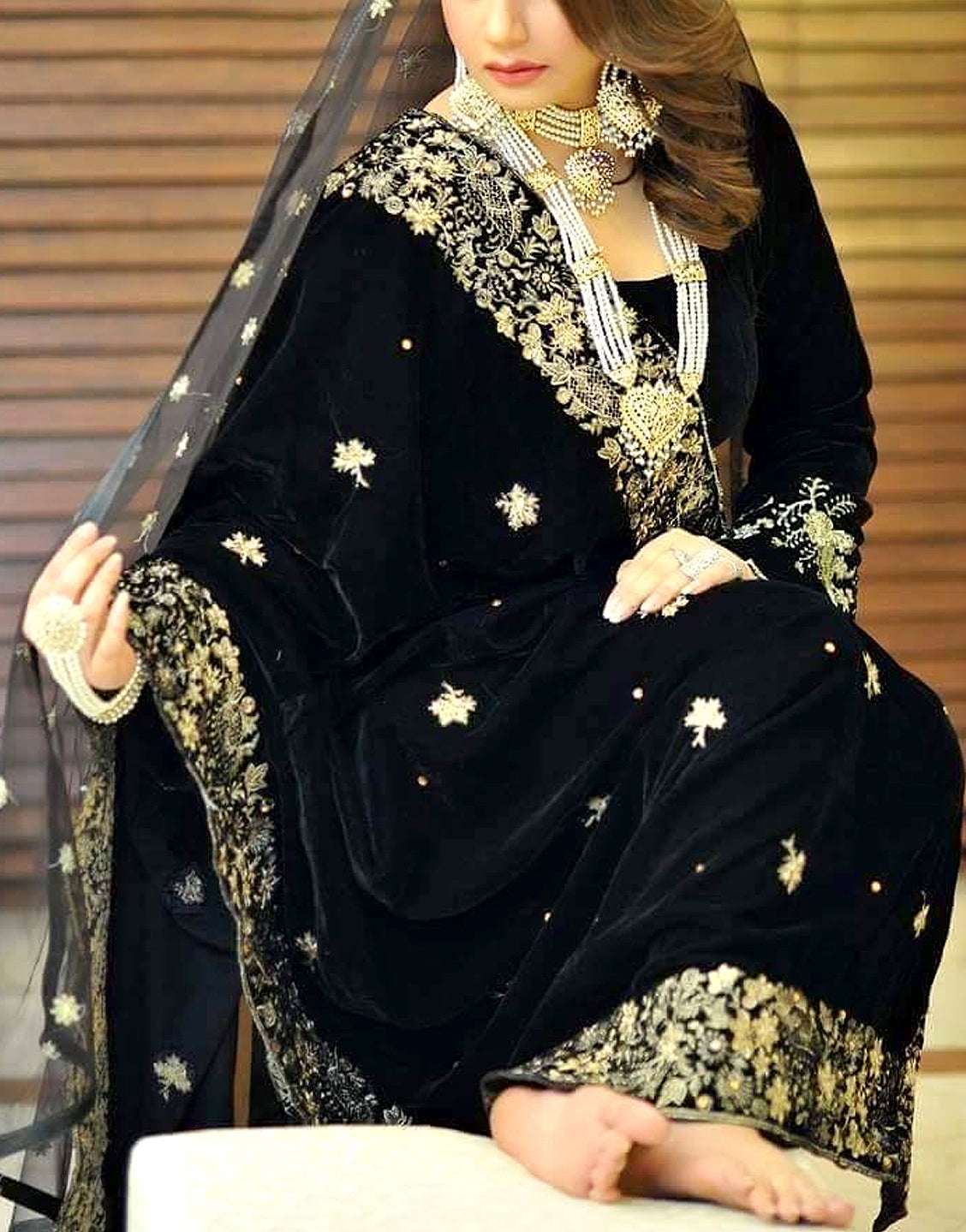 Elegant Embroidered Black Bridal Velvet Shawl