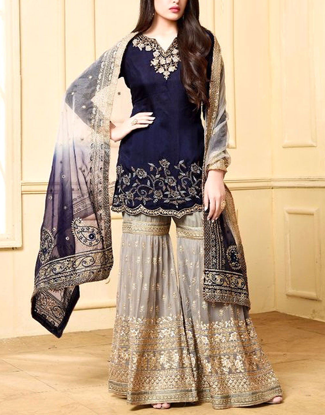 Indian Heavy Embroidered Chiffon Suit with Net Dupatta