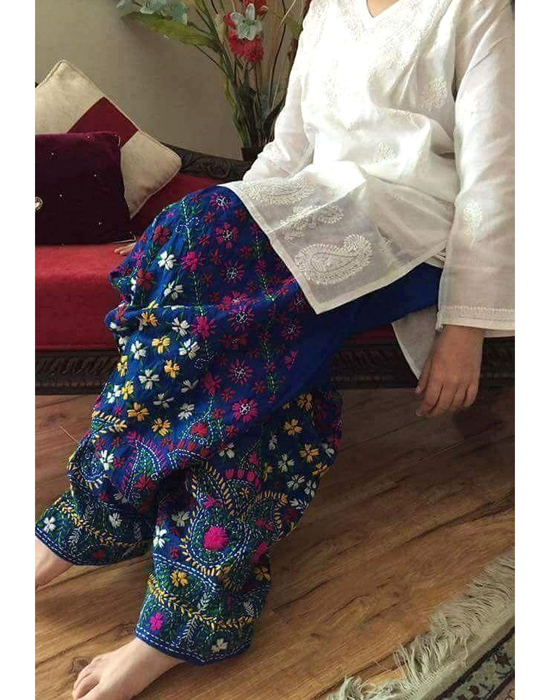 Trendy 2-Piece Embroidered Cotton Lawn Dress with Blue Phulkari Trouser