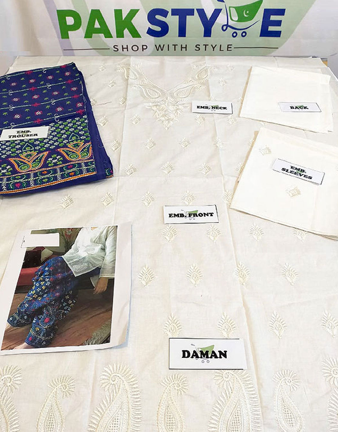 Trendy 2-Piece Embroidered Cotton Lawn Dress with Blue Phulkari Bottoms