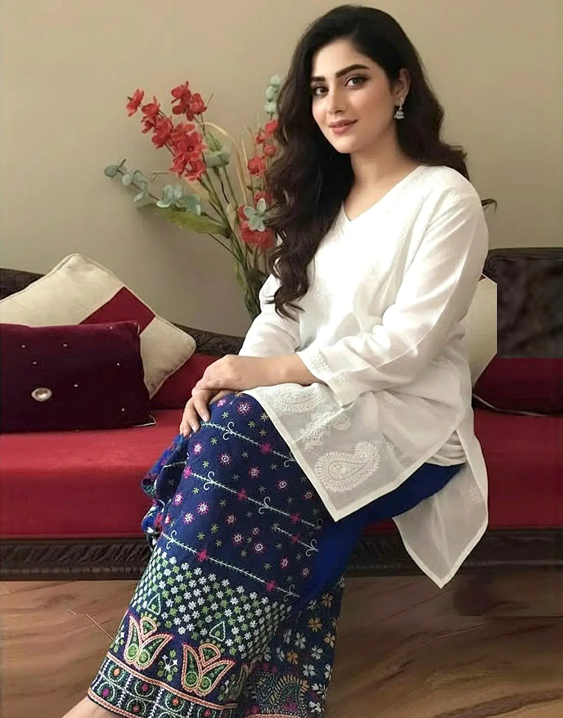 Trendy 2-Piece Embroidered Cotton Lawn Dress with Phulkari Bottoms