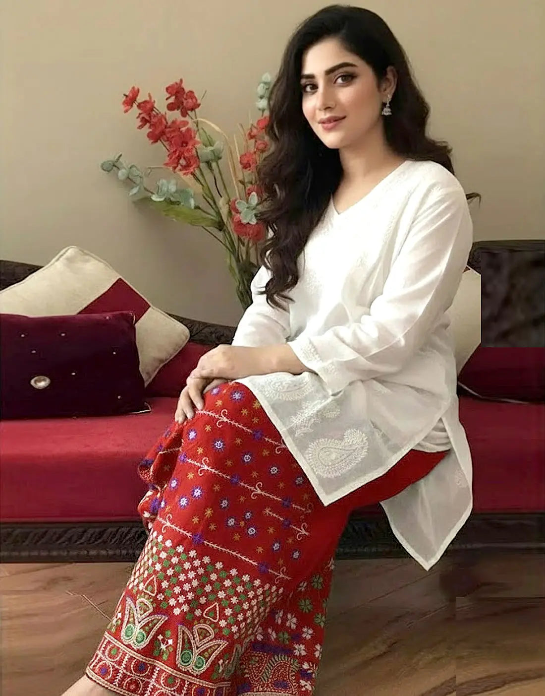 Trendy 2-Piece Embroidered Cotton Lawn Dress with Phulkari Bottoms