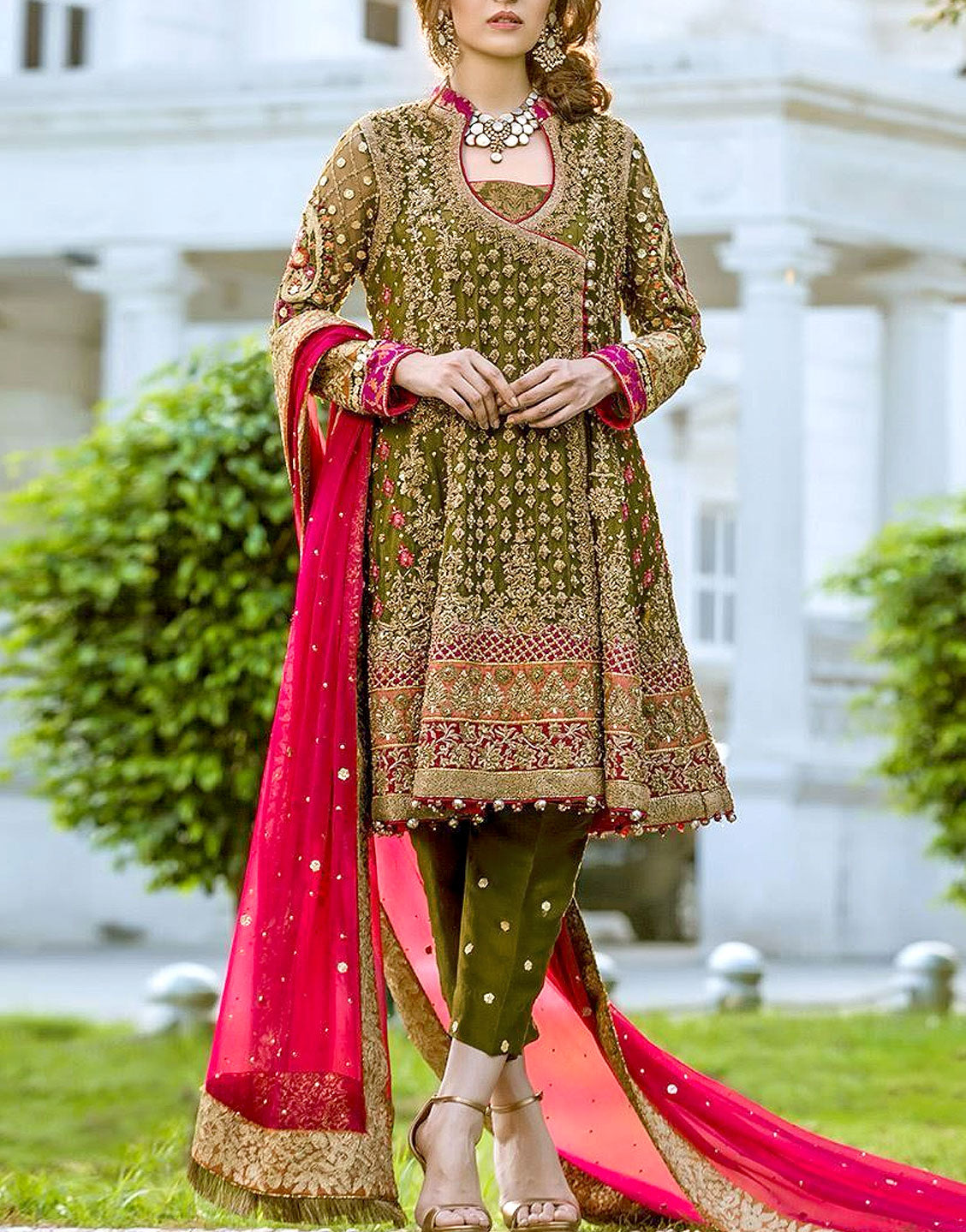 Heavy Embroidered Chiffon Bridal Dress with Embroidered Silk Trouser