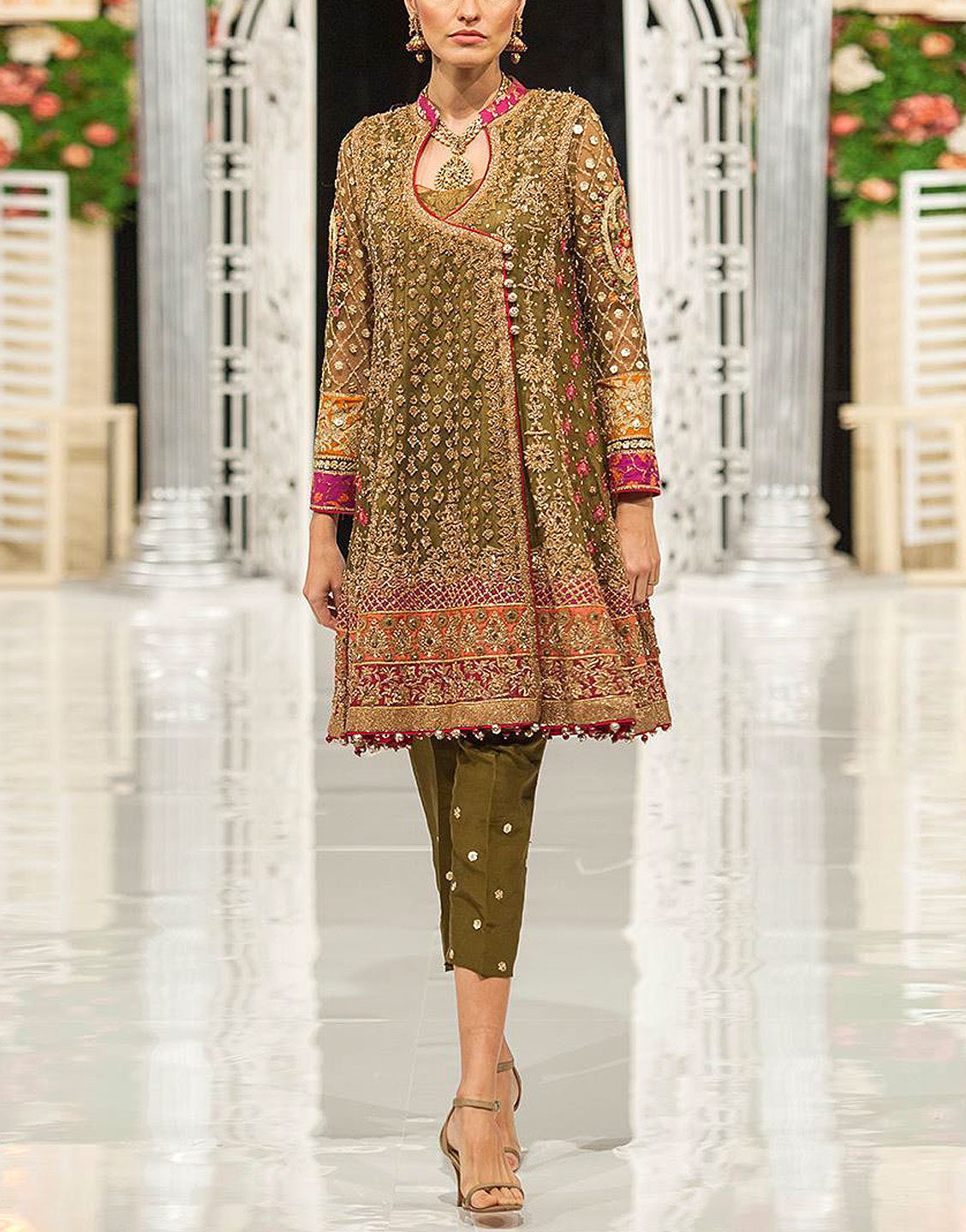 Heavy Embroidered Chiffon Mehndi Outfit with Silk Embroidered Trouser