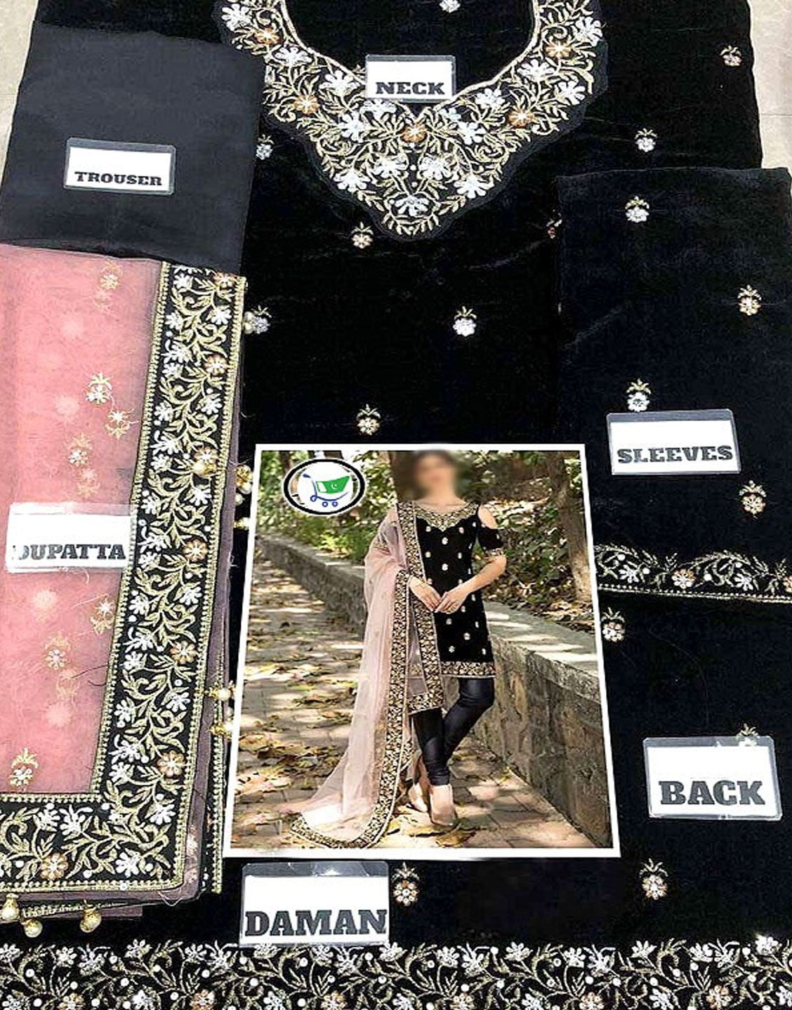 Classic Embroidered Black Velvet Dress with 4-Side Emb. Net Dupatta