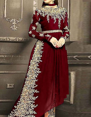 Indian Embroidered Maroon Chiffon Frock with Chiffon Dupatta