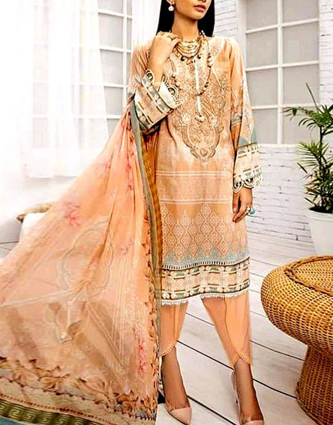 Embroidered Marina Dress with Wool Shawl Dupatta
