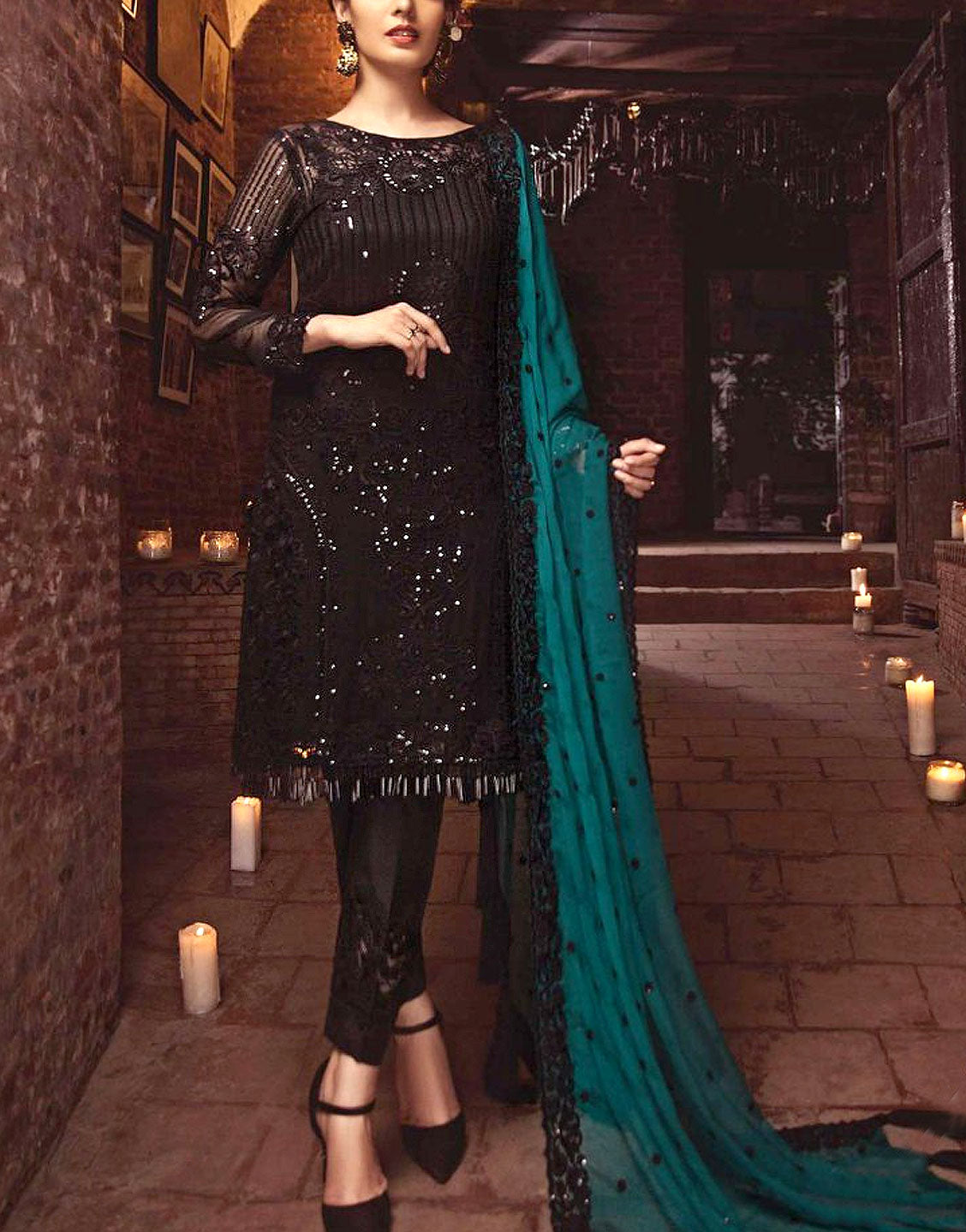 Elegant Sequins Embroidered Black Chiffon Dress