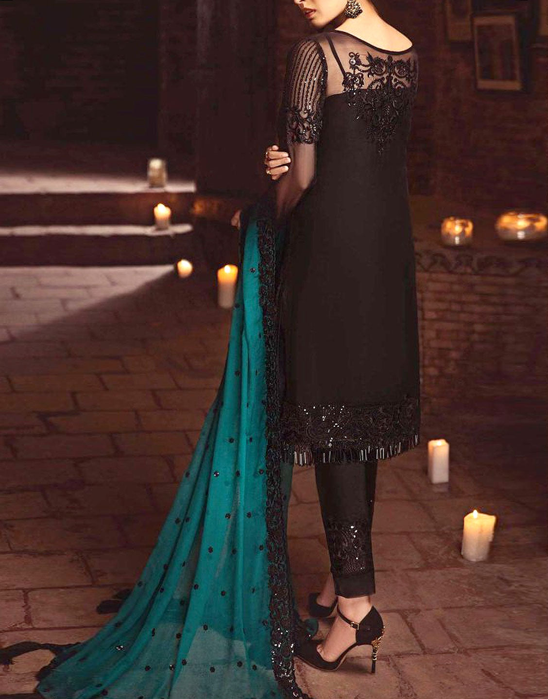 Elegant Sequins Embroidered Black Chiffon Party Wear Dress