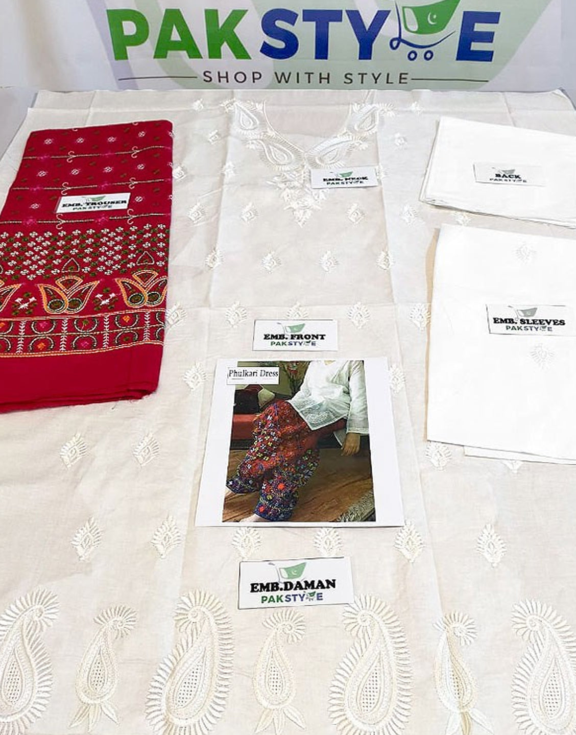 Trendy 2-Piece Embroidered Cotton Lawn Dress with Red Phulkari Embroidered Trouser