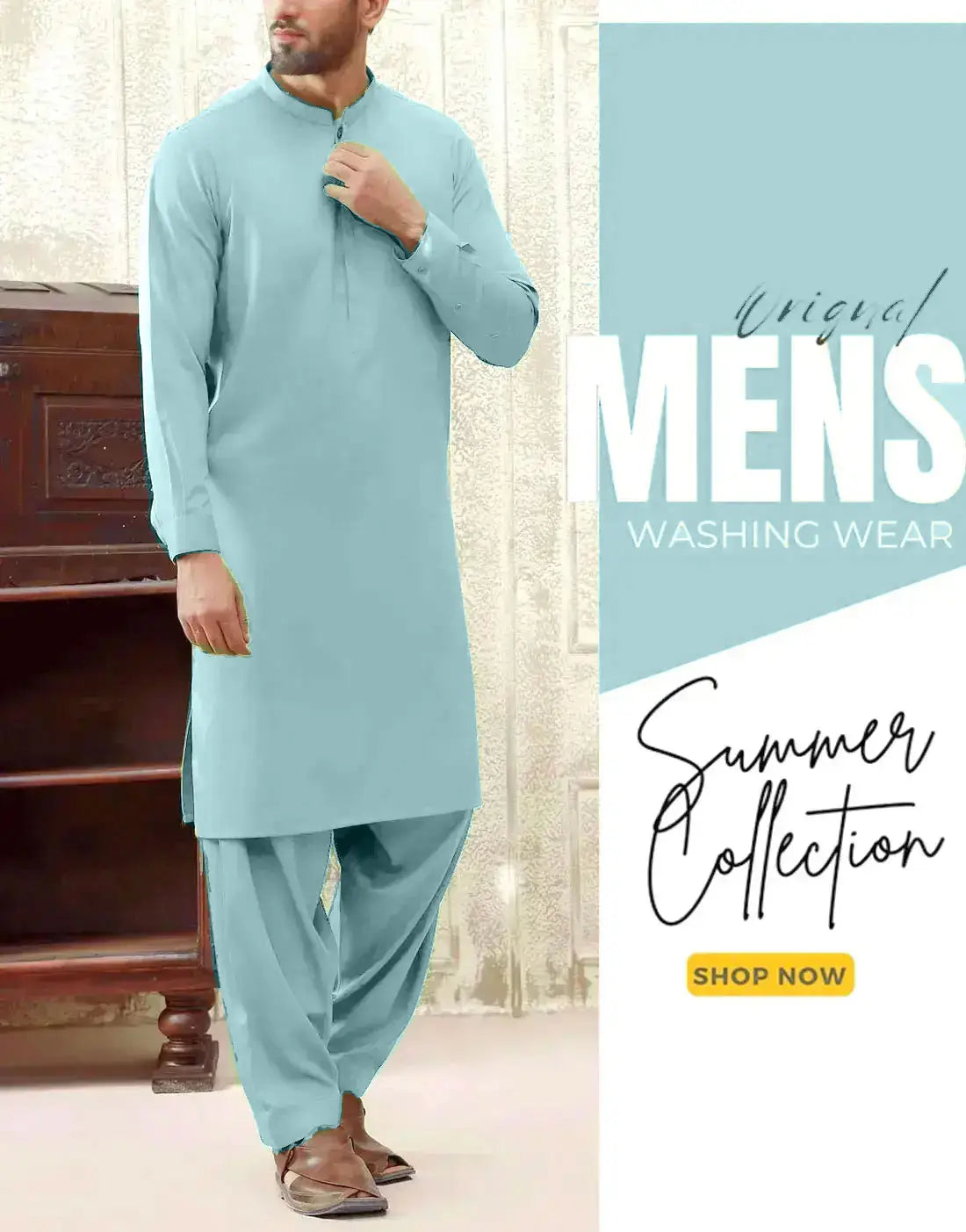 Italian Boski Ice Blue Wash & Wear Men’s Shalwar Kameez – Unstitched Formal & Eid Suit