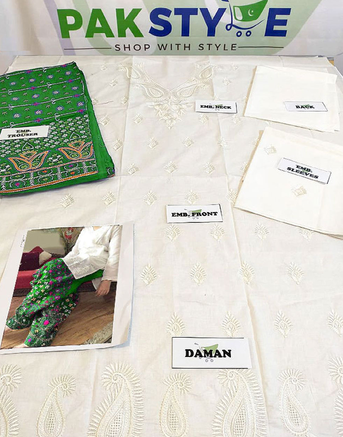 Trendy 2-Piece Embroidered Cotton Lawn Dress with Green Phulkari Embroidered Trouser