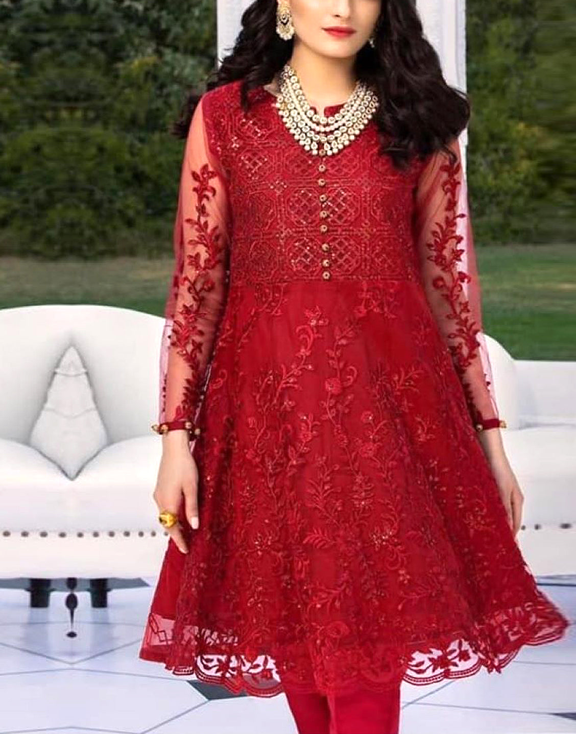 2-Piece Embroidered Red Net Party Wear Dress