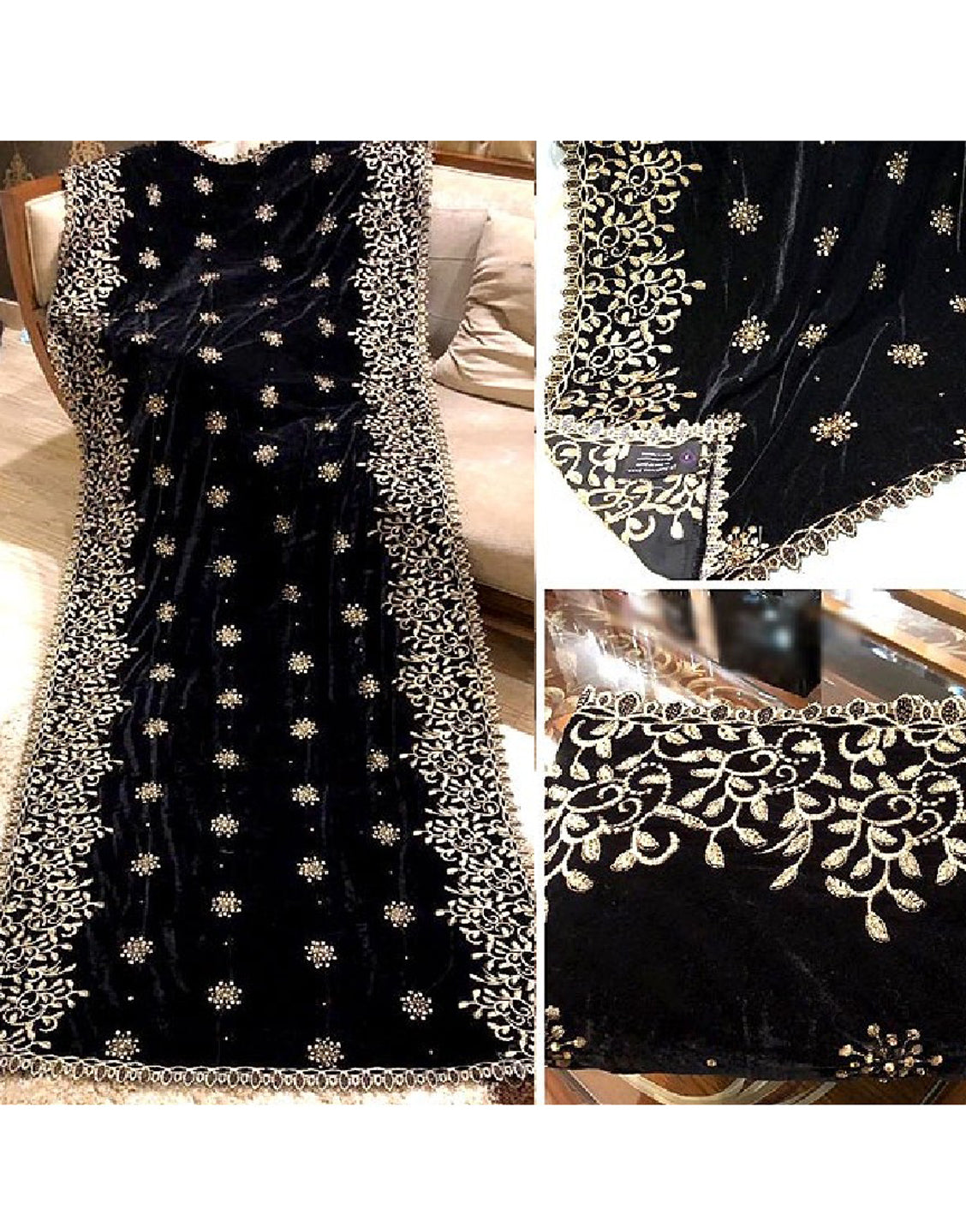 Heavy Embroidered Cutwork Black Bridal Velvet Shawl