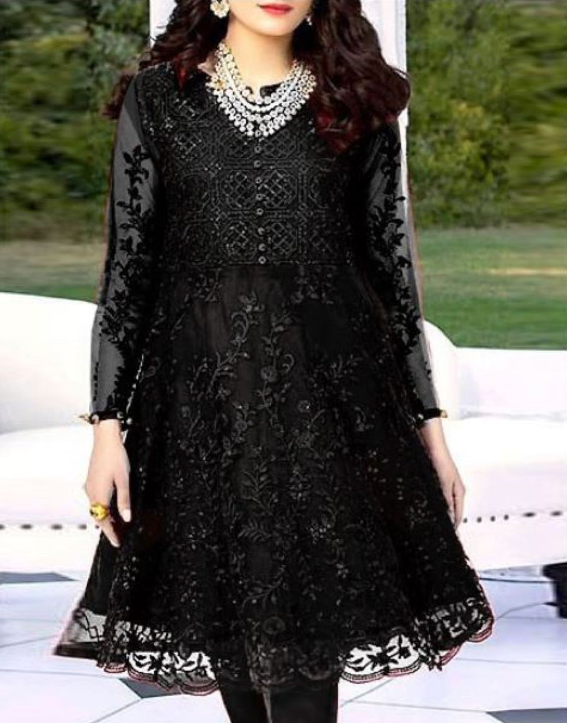 2-Piece Embroidered Black Net Party Wear Dress