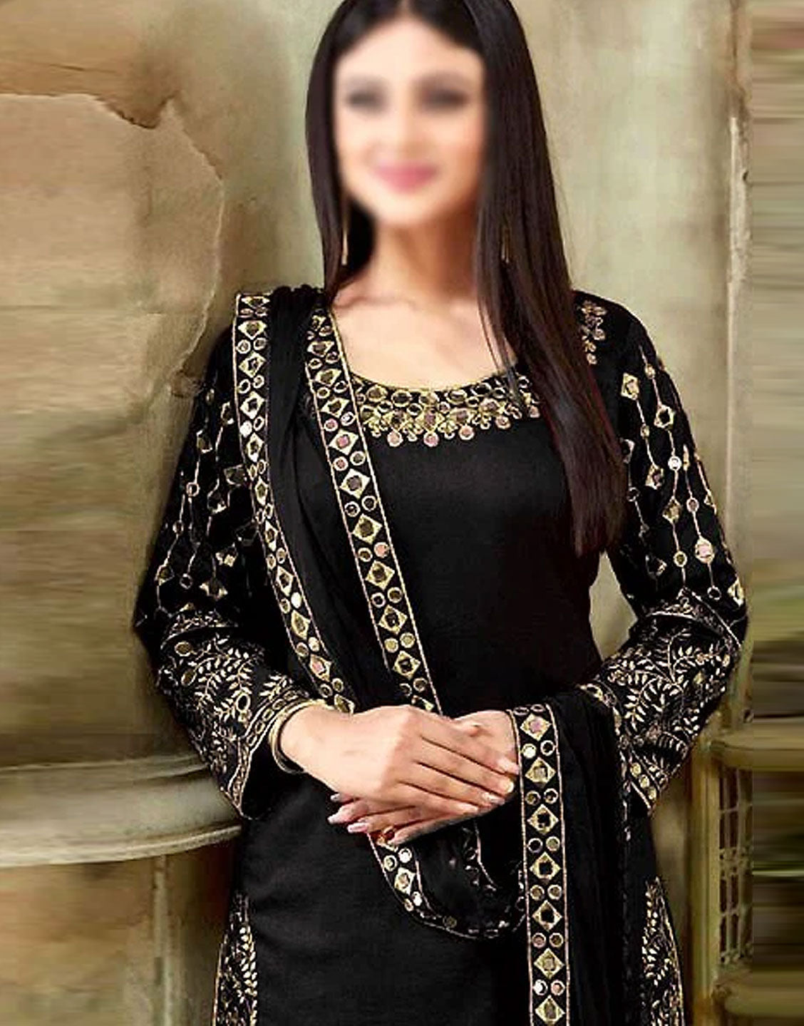 Indian Embroidered & Mirror Work Black Chiffon Dress