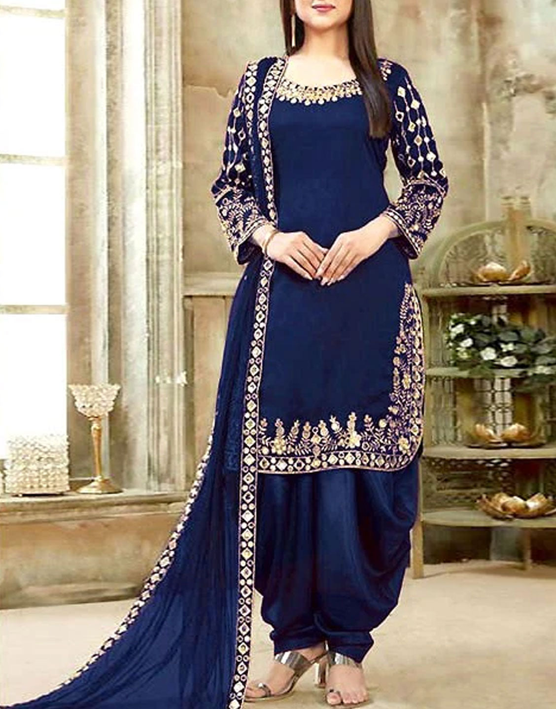 Indian Embroidered & Mirror Work Navy Blue Chiffon Dress Best Price Online in Pakistan Indian Embroidered & Mirror Work Navy Blue Chiffon Dress Best Price Online in Pakistan