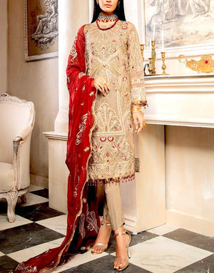 Embroidered Grey Chiffon Dress with Red Chiffon Dupatta