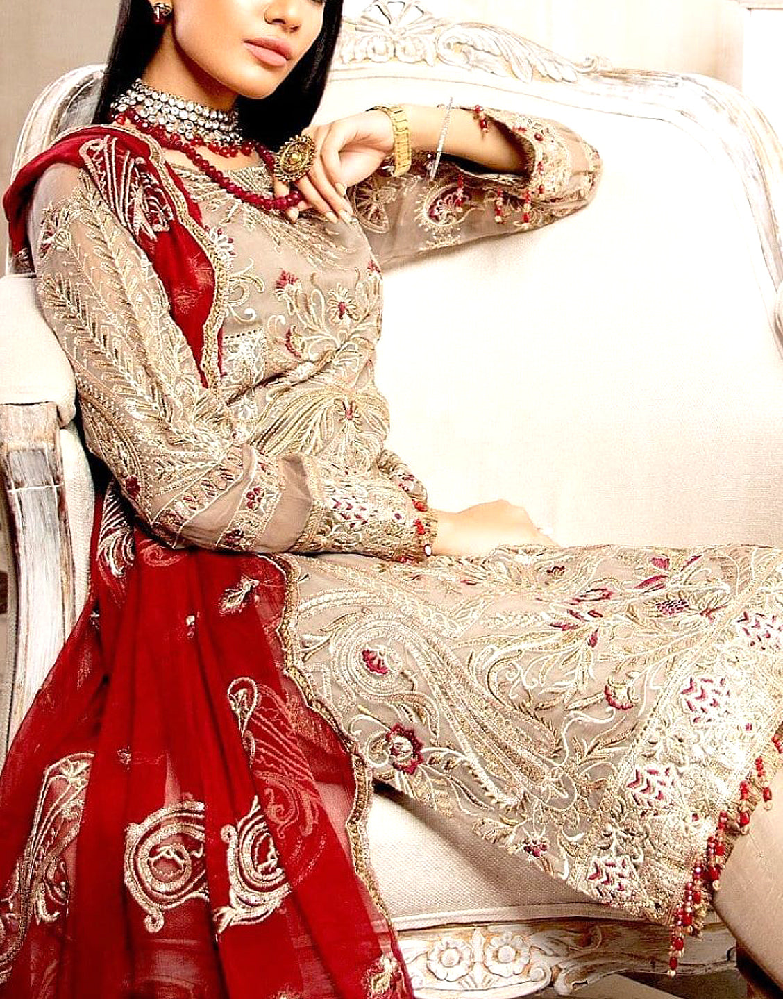 Embroidered Grey Chiffon Dress with Red Chiffon Dupatta