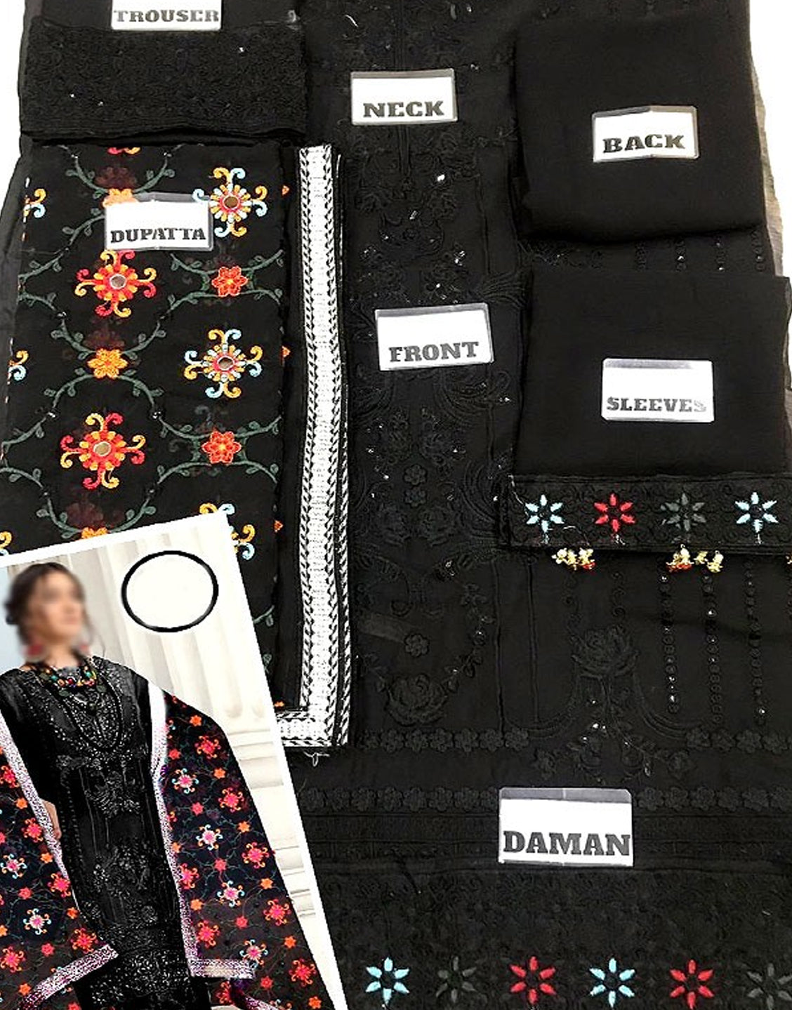 Embroidered Black Chiffon Dress with Phulkari Embroidered Dupatta