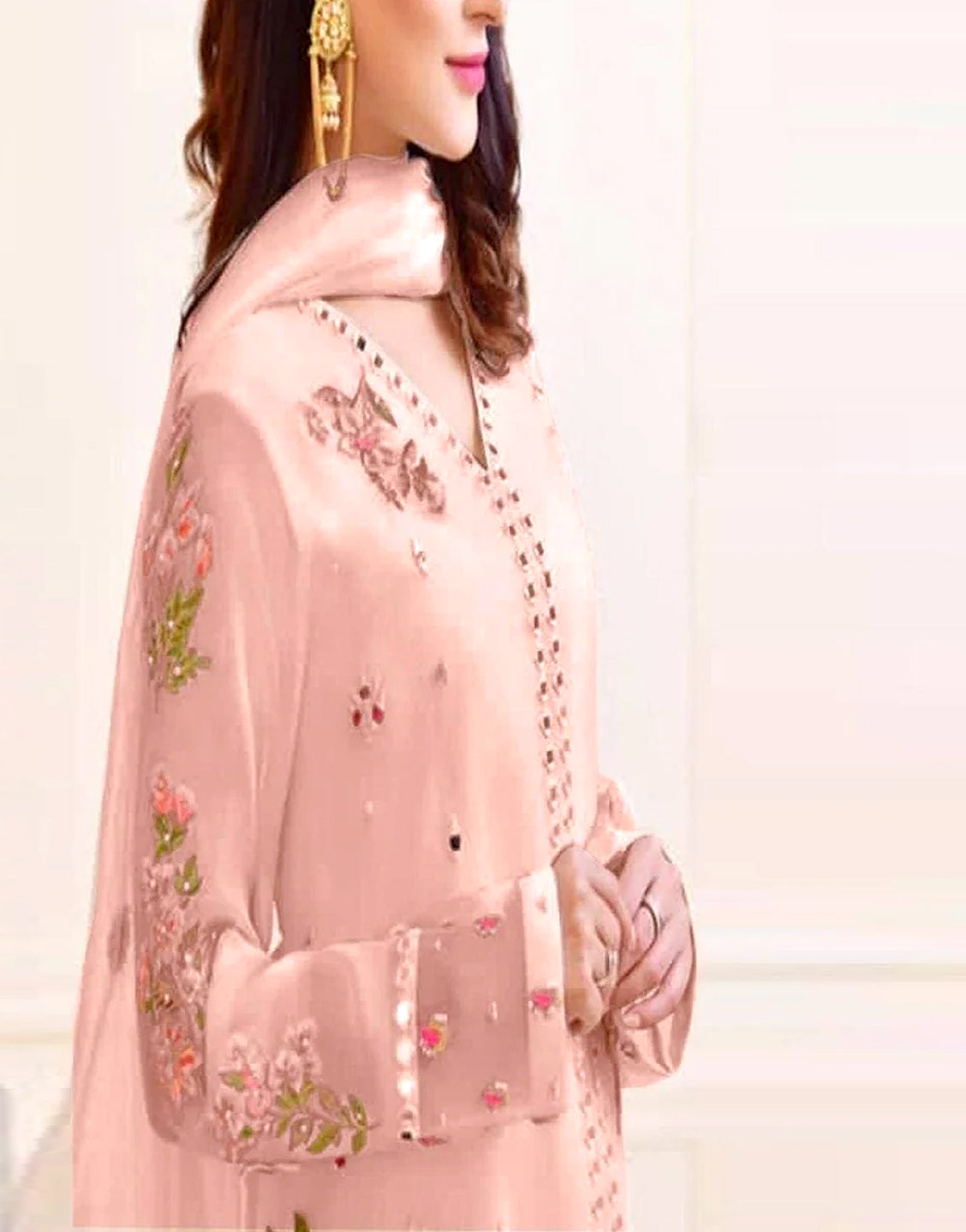 Elegant Mirror Work Embroidered Paper Cotton Dress 2021 with Silk Trouser