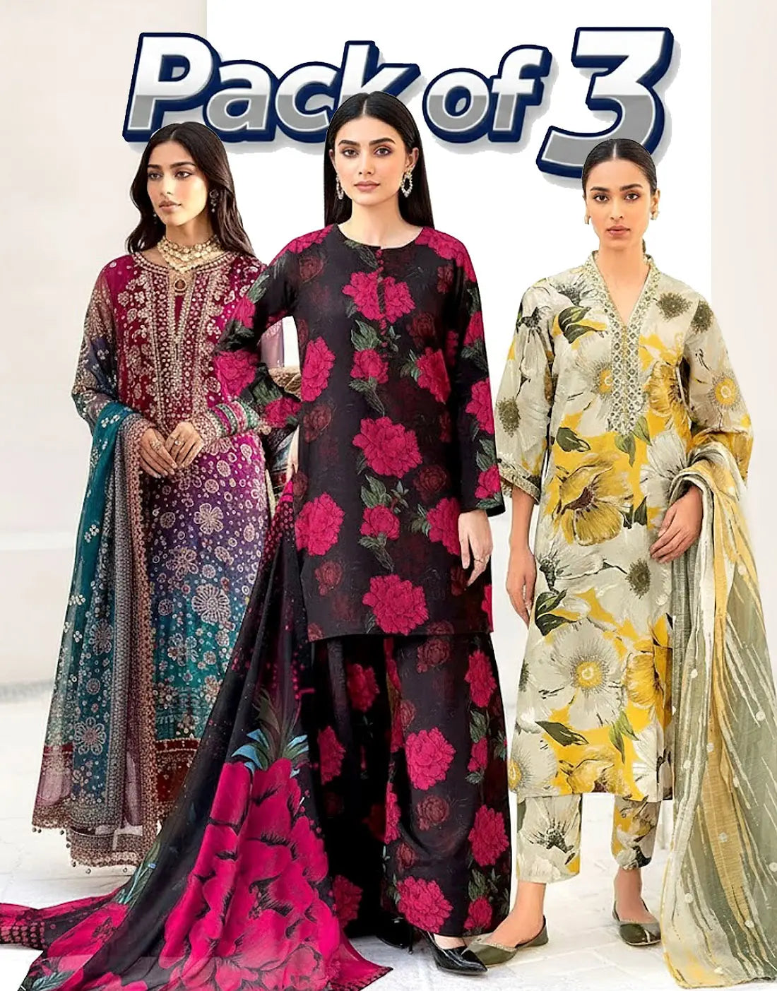 Bundle of 3 Embroidered 3-Piece Lawn Suits Wholesale
