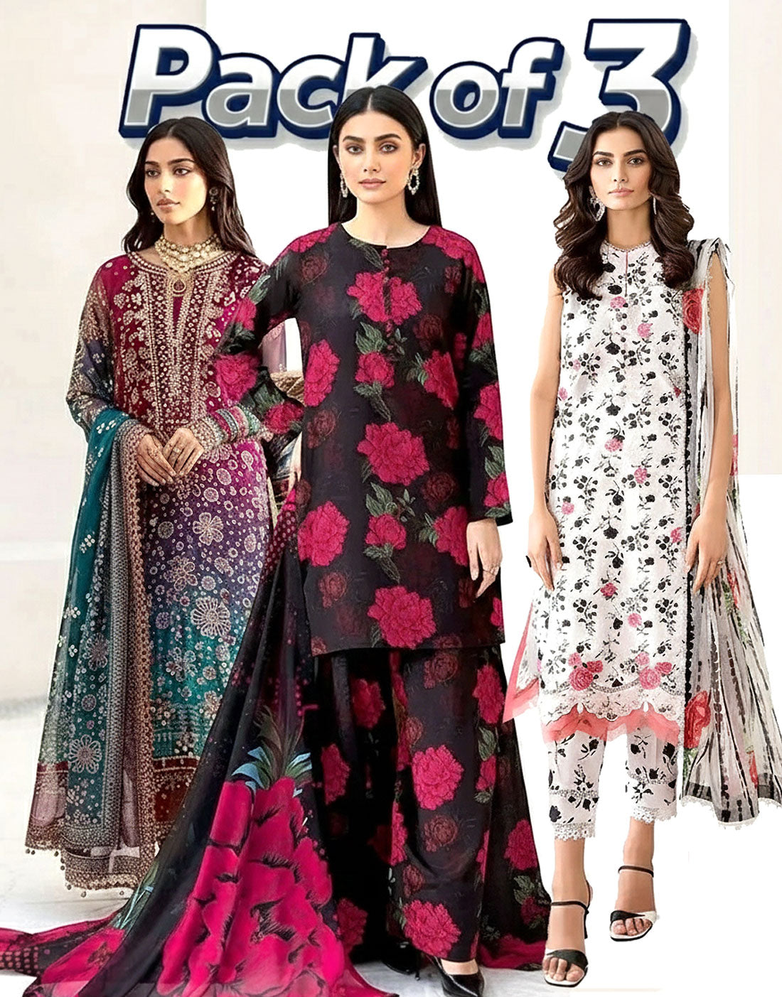 Bundle of 3 Embroidered 3-Piece Lawn Suits Wholesale