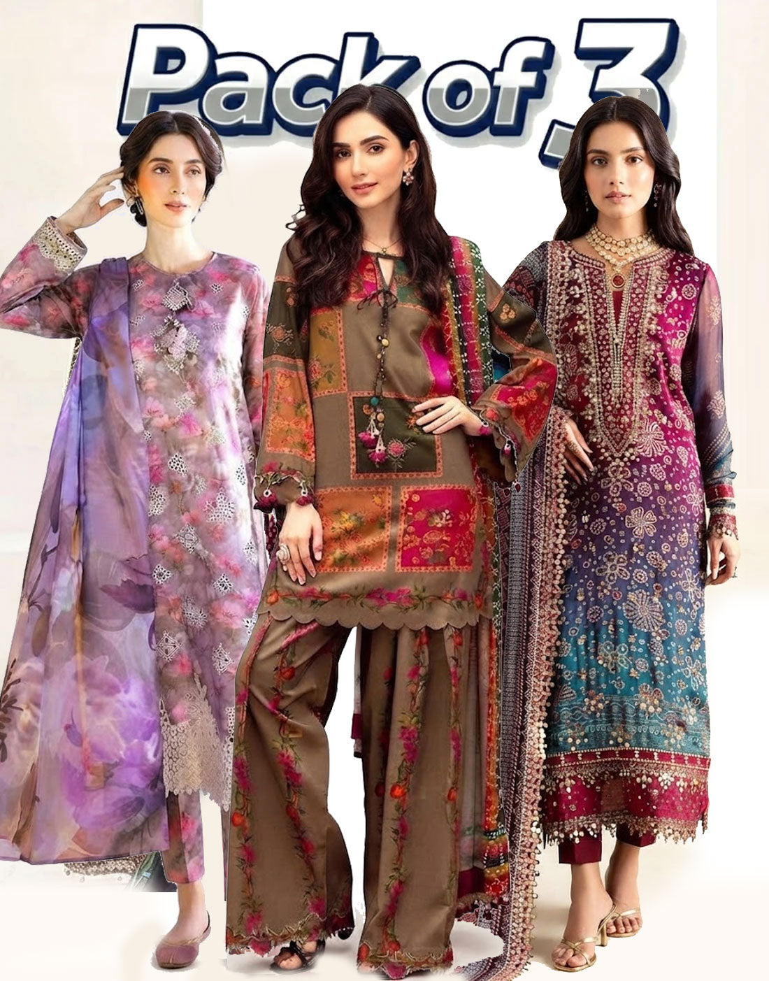 Bundle of 3 Embroidered 3-Piece Lawn Suits Wholesale