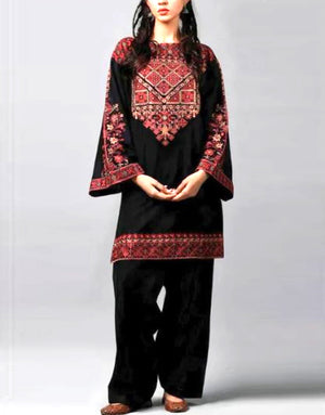 Ethnic Sequins Embroidered 2-Piece Black Cotton Lawn Dress