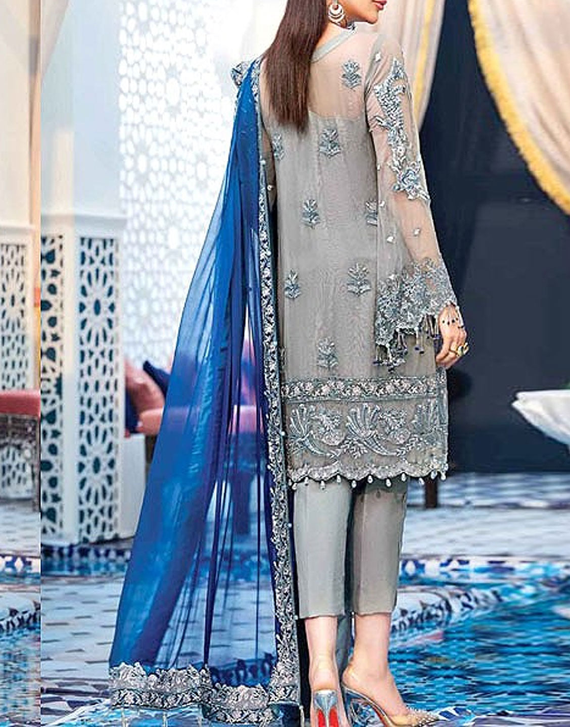 Intricately Embroidered Grey Net Bridal Dress for Wedding & Formal Wear