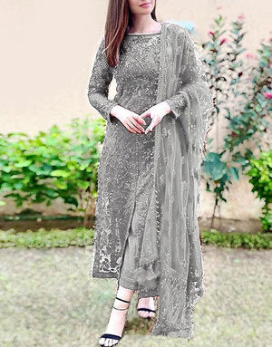 Luxury Embroidered Grey Net Party Wear Dress