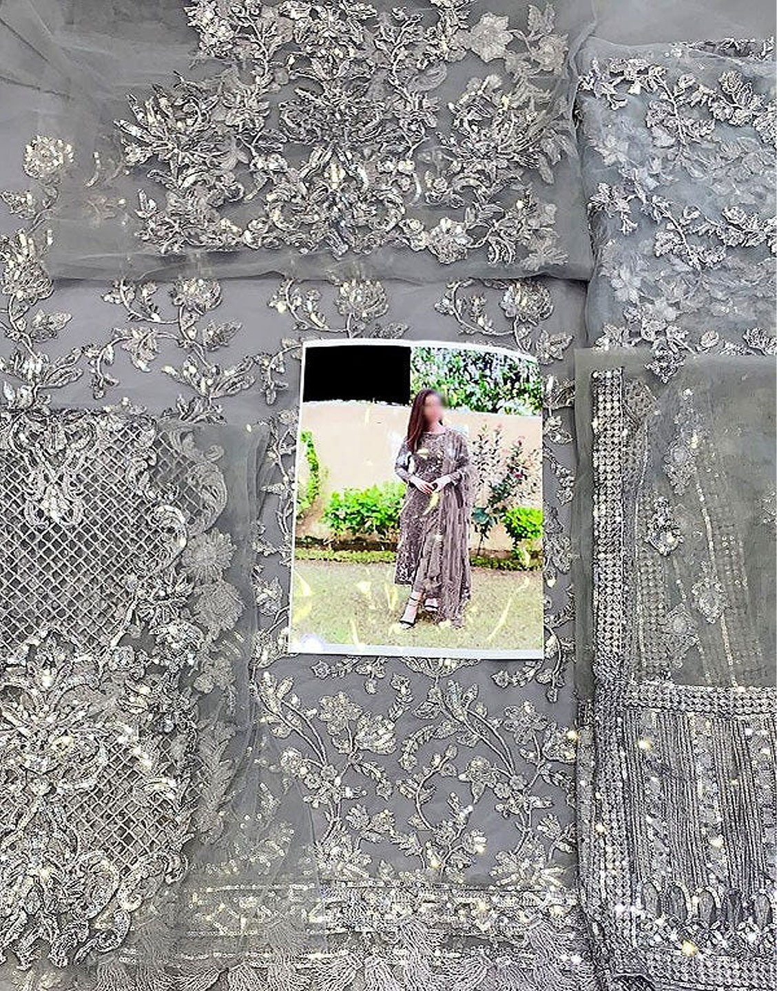 Luxury Embroidered Grey Net Party Wear Dress