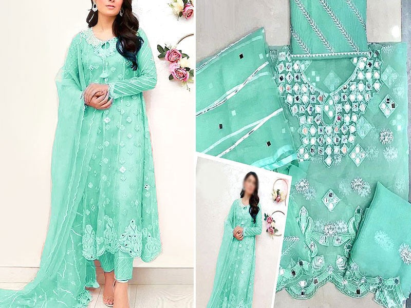 Mirror Work Embroidered Organza Wedding Dress