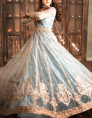 Heavy Embroidered & Mirror Work Blue Net Bridal Maxi Dress