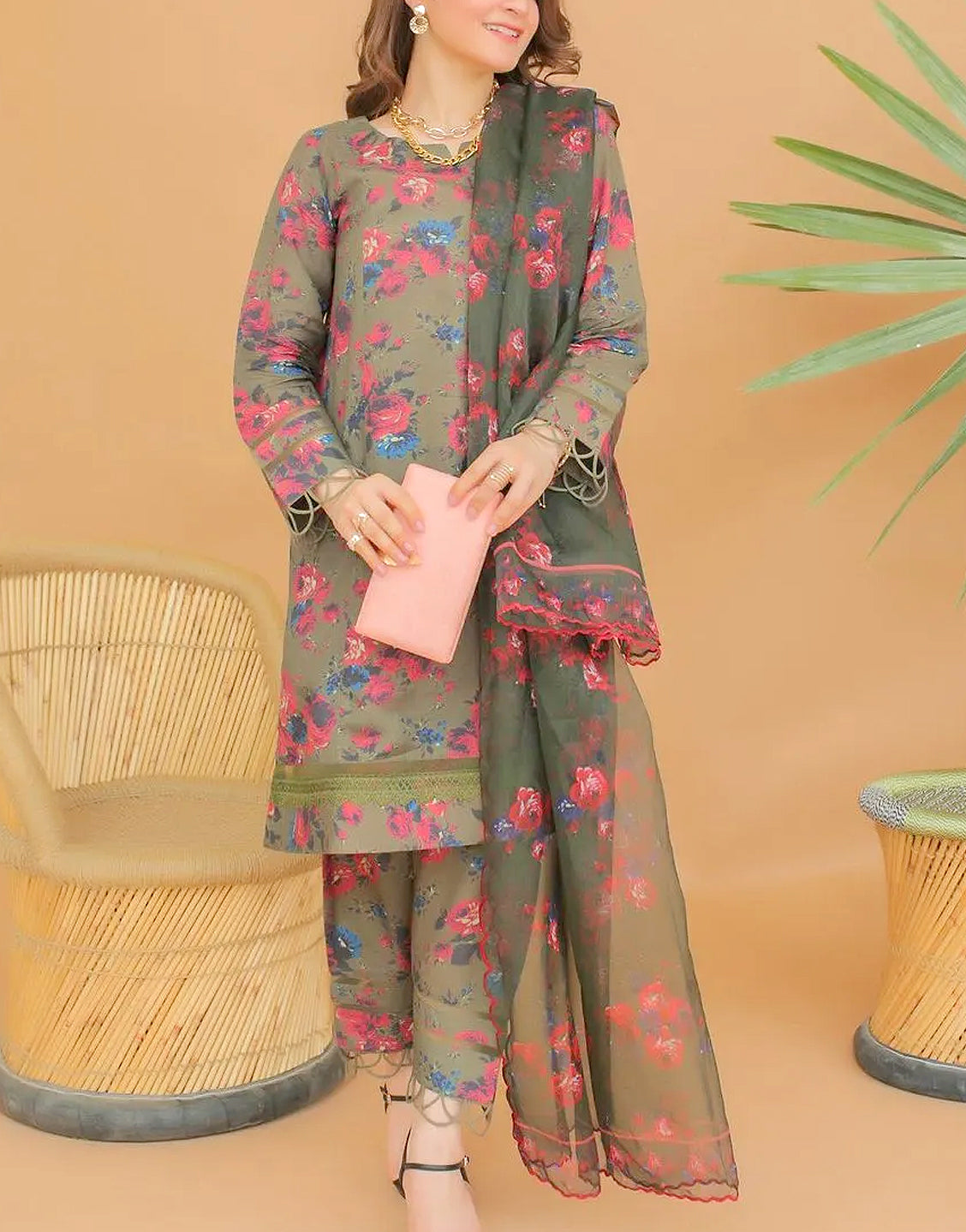 3-Pcs Printed Viscose Silk Suit with Digital Print Bamber Chiffon Dupatta