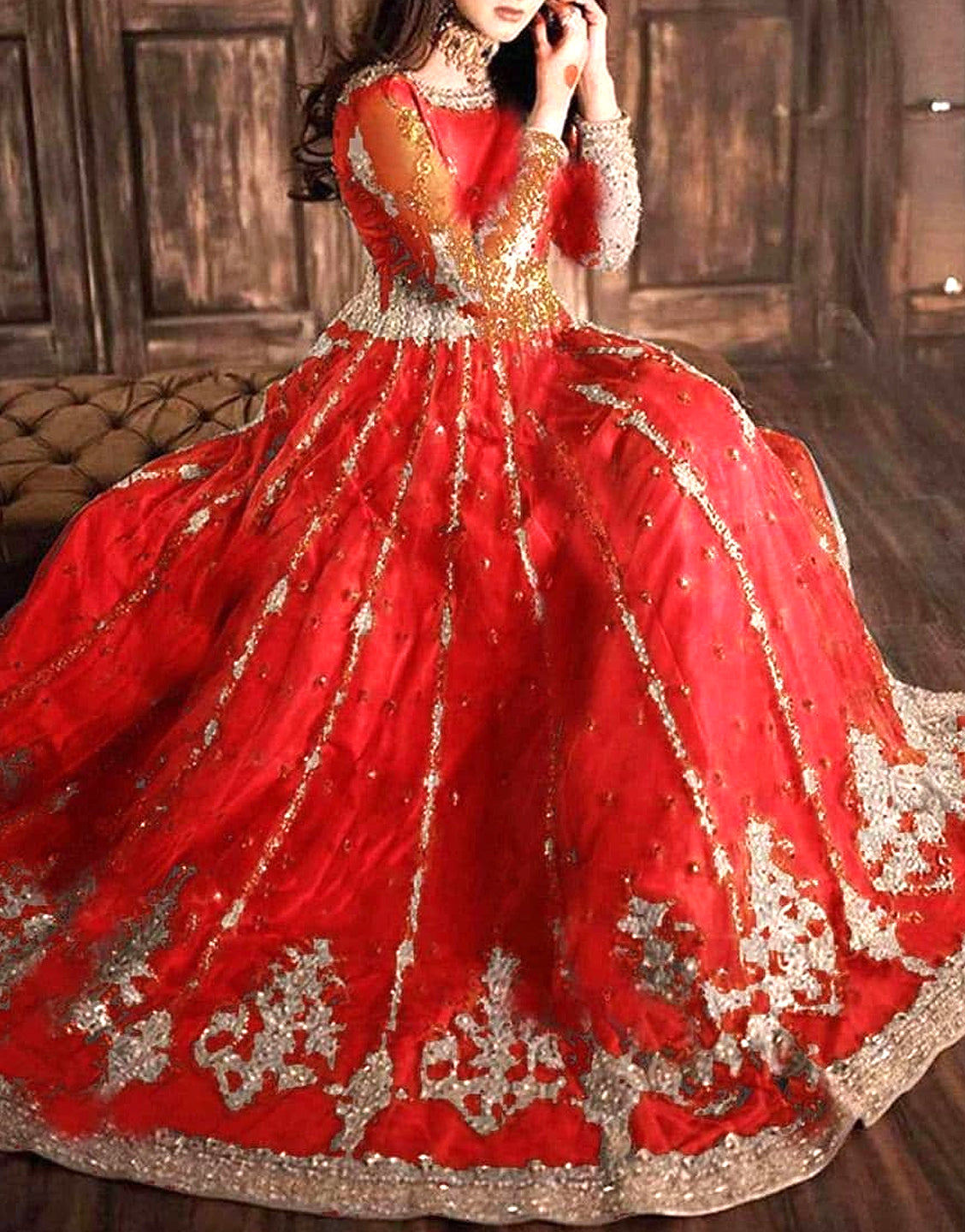Mirror Work Heavy Embroidered Red Net Bridal Maxi Dress – Best Price Online  in Pakistan