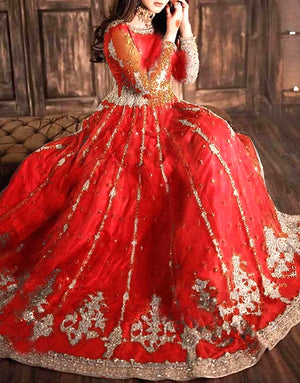 Mirror Work Heavy Embroidered Red Net Bridal Maxi Dress