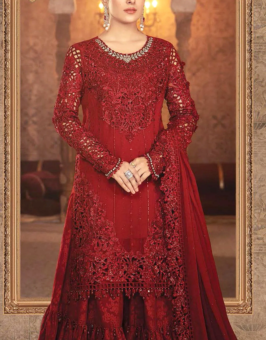 Heavy Embroidered with Cutwork Red Chiffon Wedding Dress
