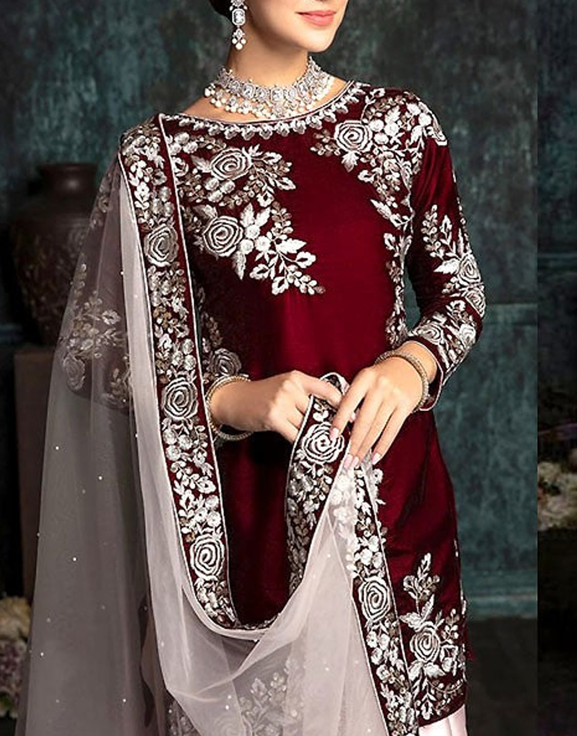 Fancy Embroidered Maroon Silk Party Wear Suit