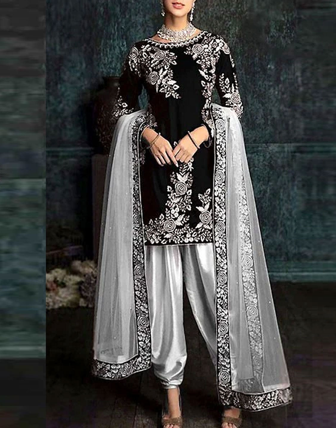 Fancy Embroidered Black Silk Party Wear Dress