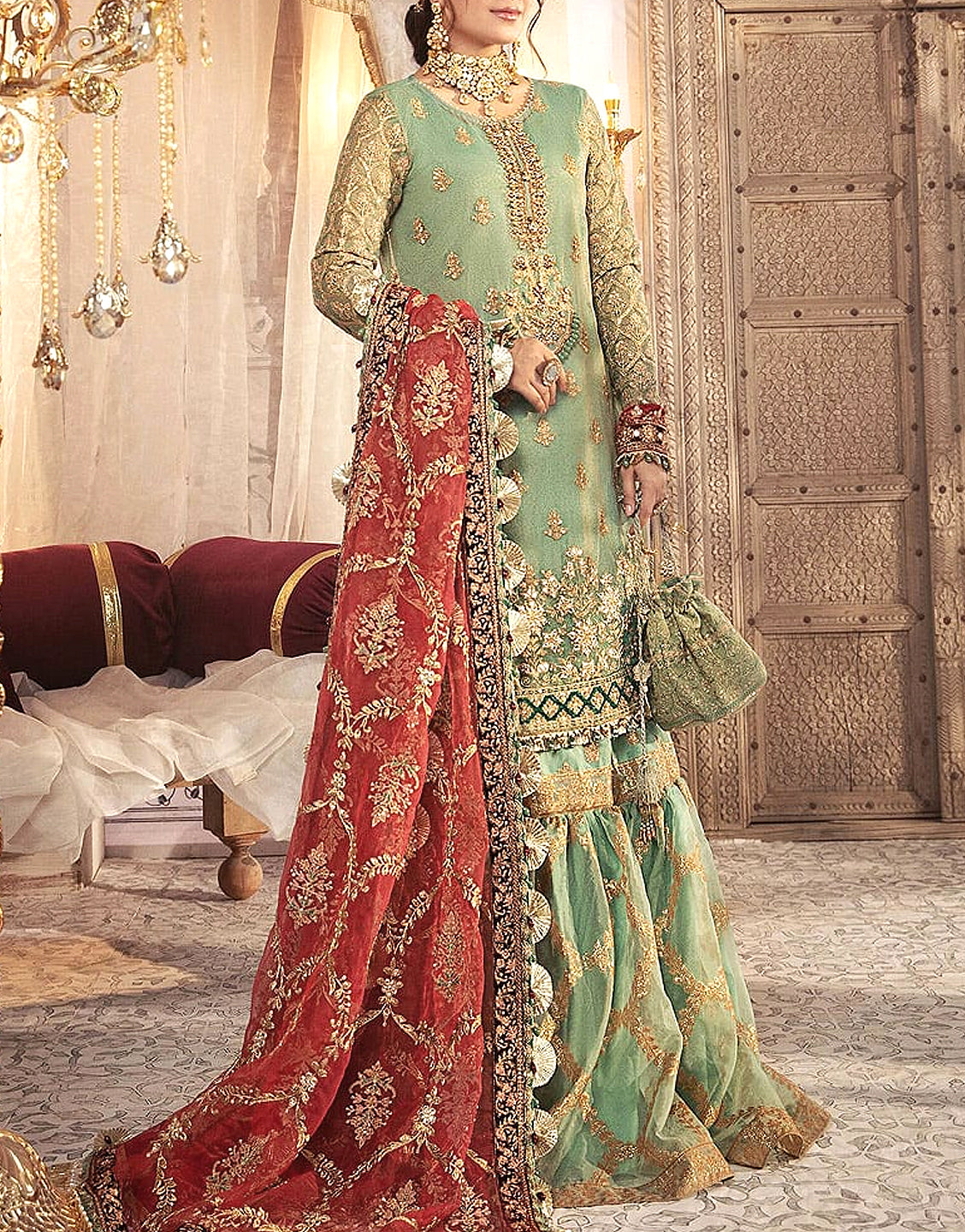 Glamorous Embroidered Masoori Bridal Dress with Embroidered Organza Dupatta