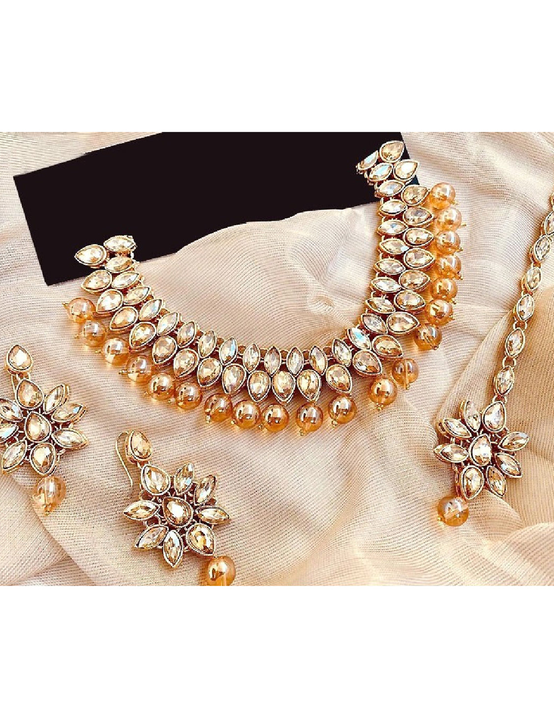 Glamorous Champagne Beads Party Wear Necklace Set with Earrings & Tikka