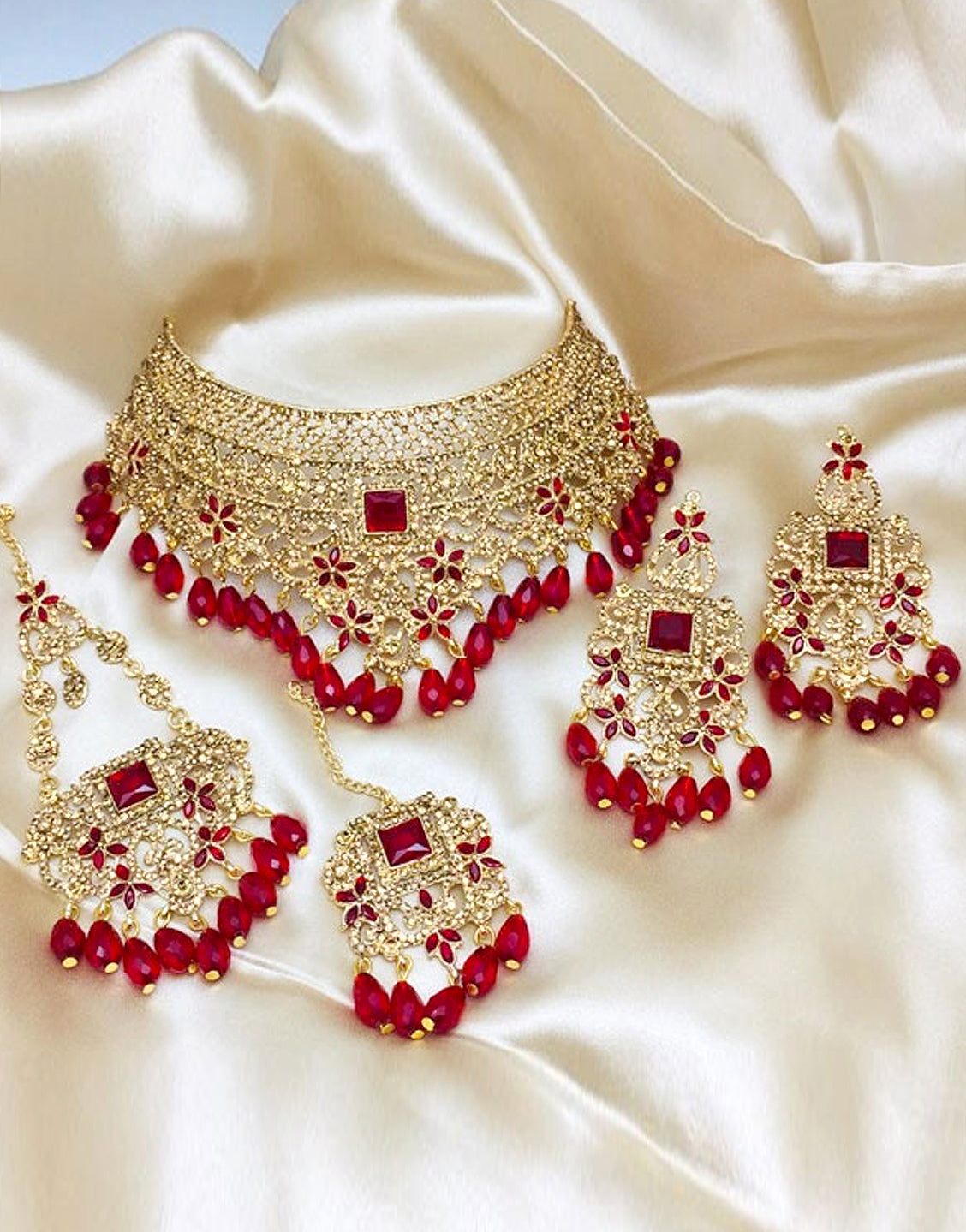 Ethnic Bridal Collar Choker Necklace Set with Earrings, Jhumar and Tikka