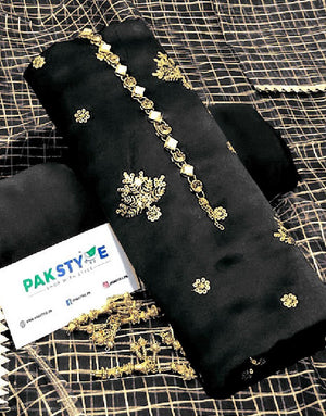 Fancy Embroidered Black Shamoz Silk Party Wear Dress with Shamoz Silk Trouser
