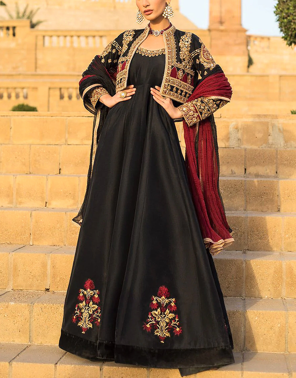 Handwork & Luxury Embroidered Black Silk Maxi Dress